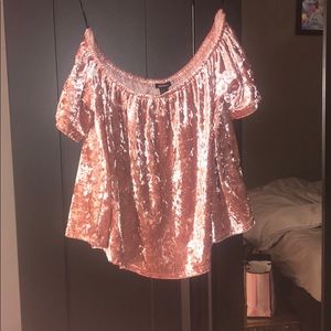 Pink suede off the shoulder blouse